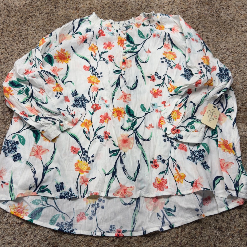 St. John's Bay White Floral Blouse with Yellow, Coral & Navy Accents